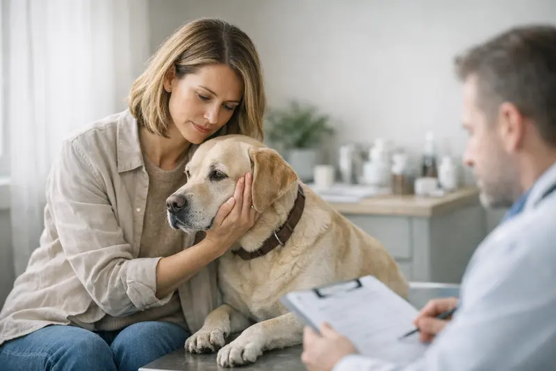 Ein Hund beim Tierarzt, der auf mögliche Vorerkrankungen untersucht wird.