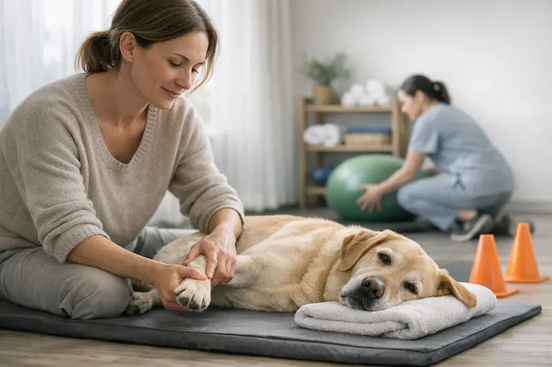 Physiotherapie für Hunde nach Behandlung Hund während einer Physiotherapie zur Nachsorge nach einer Behandlung.