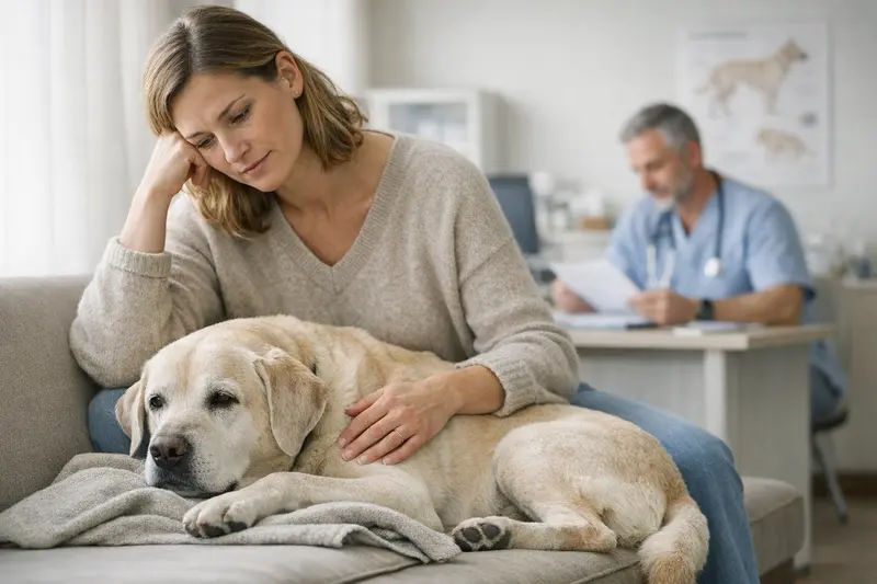 Gesundheitscheck für Hunde mit Tierarzt Hund mit Tierarzt, der die gesundheitliche Vorgeschichte bespricht.