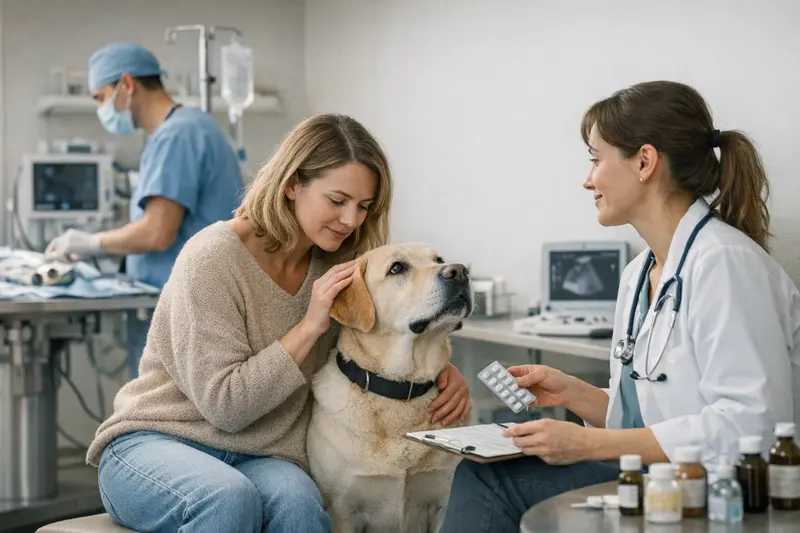 Hundeversicherung: OP-Schutz vs. Vollschutz Eine glückliche Hundebesitzerin mit ihrem Tierarzt, die über den Unterschied zwischen OP-Schutz und Vollschutz in der Hundekrankenversicherung spricht.