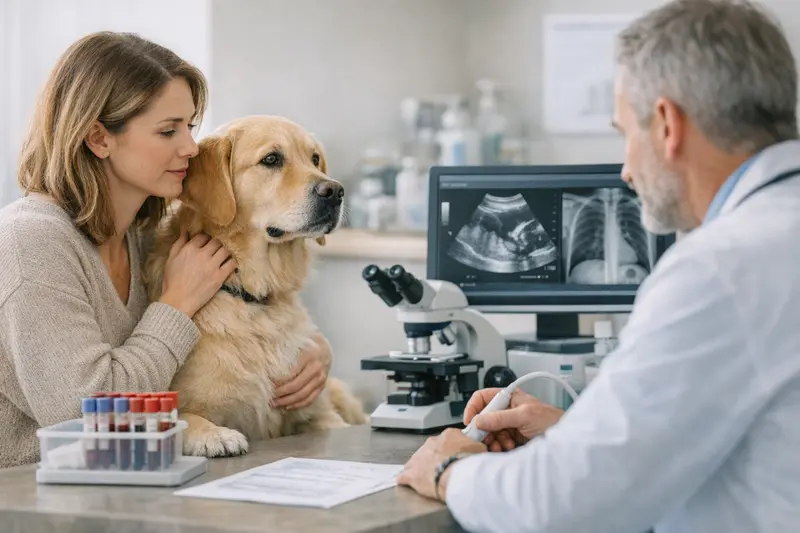 Hund beim Tierarzt Ein Hund beim Tierarzt zur Diagnostik durch Blutbild und Bildgebung.