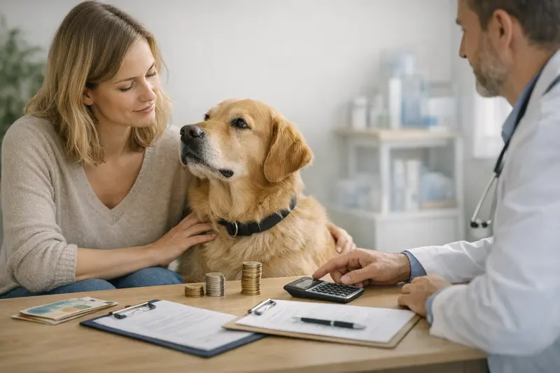 Hund bei tierärztlicher Behandlung Ein Hund erhält eine tierärztliche Behandlung, während die Halterin über Erstattungssätze nachdenkt.
