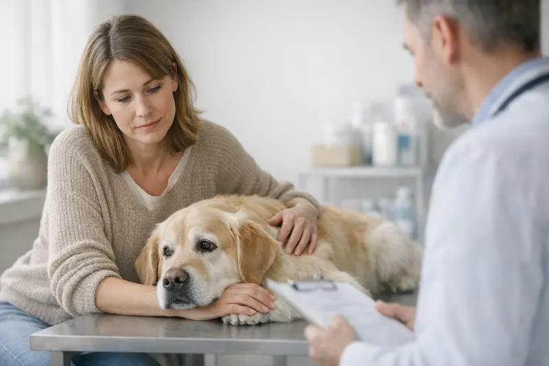 Hund bei Tierarztuntersuchung bezüglich Vorerkrankungen