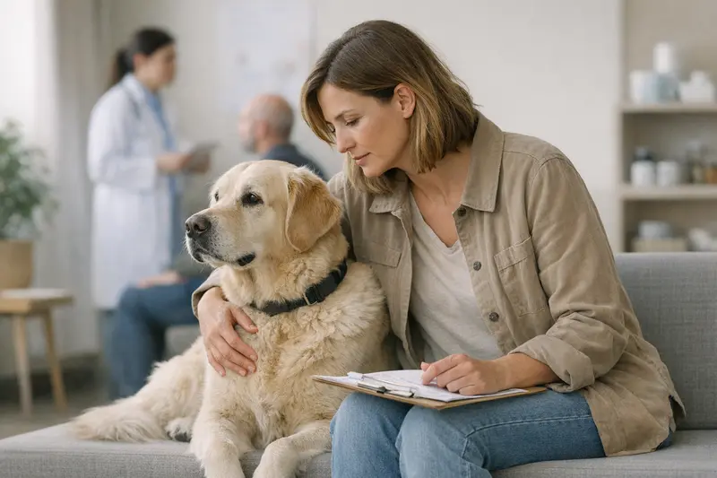 Hundeversicherung und Wartezeiten beim Tierarzt Schwarzer Labrador sitzt mit seinem Besitzer beim Tierarzt und wartet auf eine Untersuchung.