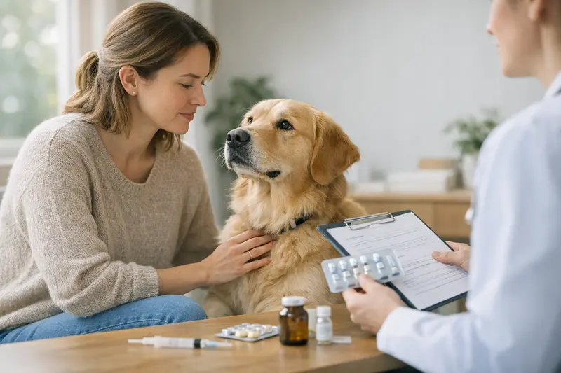 Vorsorgeleistungen in der Tierkrankenversicherung Hundehalter bespricht mit einem Tierarzt wichtige Vorsorgeleistungen wie Impfungen.
