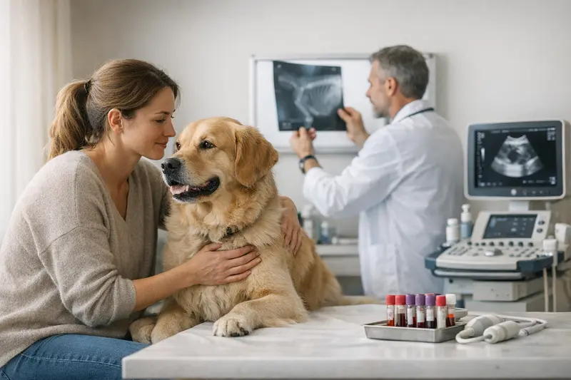 Hundeversicherung Diagnostik Ein Hund wird beim Tierarzt untersucht, während ein Tierarzt ein Blutbild erstellt.