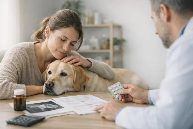 Diagnostik und Medikamente beim Tierarzt Tierarzt untersucht einen Hund, um Diagnostik und Medikation zu erläutern