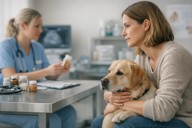 Wichtigkeit von Diagnostik und Medikamenten bei der Tierkrankenversicherung Tierarzt untersucht einen Hund mit diagnostischen Geräten zur Kostenoptimierung bei der Tierkrankenversicherung