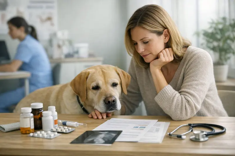 Tierarztkosten und Versicherungsvergleich Hund beim Tierarzt zur Untersuchung von Diagnose und Medikationskosten