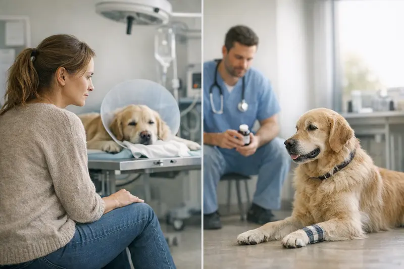 Unterschied zwischen OP-Schutz und Krankenschutz beim Hund Ein Hund wird in einer Tierarztpraxis behandelt, wobei Unterschiede zwischen OP-Schutz und Krankenschutz verdeutlicht werden.
