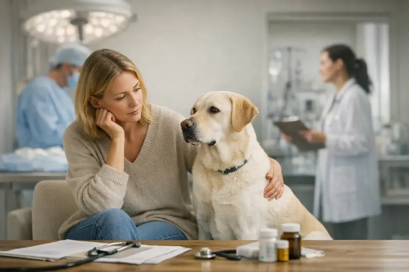 Ein Hundebesitzer trifft eine Entscheidung zwischen OP-Schutz und Krankenschutz für seinen Hund.