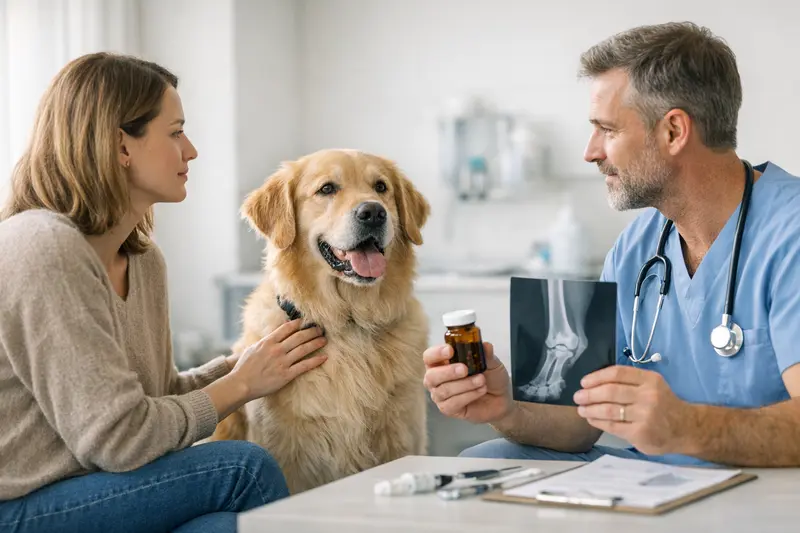 Ein Hund beim Tierarzt, der untersucht wird, symbolisiert die Unterschiede zwischen OP-Schutz und Krankenschutz.