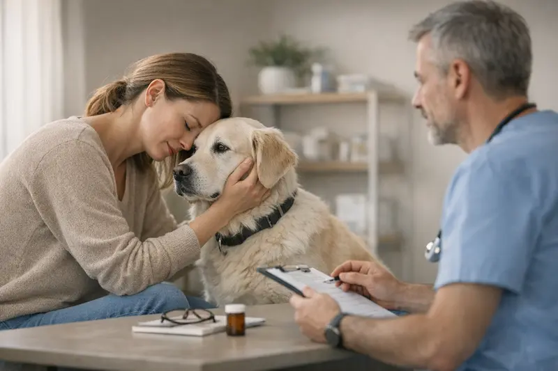 Tierarztgespräch über Hundegesundheit Ein Hundebesitzer spricht mit einem Tierarzt über Vorerkrankungen seines Hundes.
