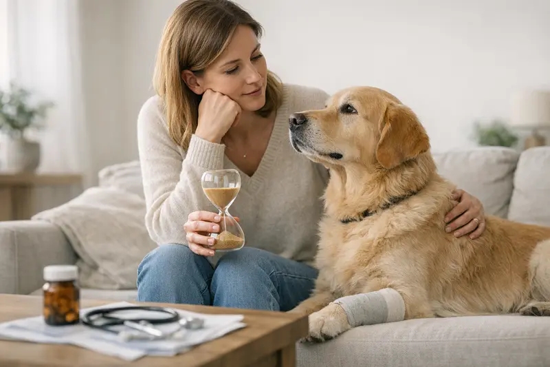 Hundehalter und Tierarzt besprechen wichtige Informationen zu Wartezeiten und Vorerkrankungen.