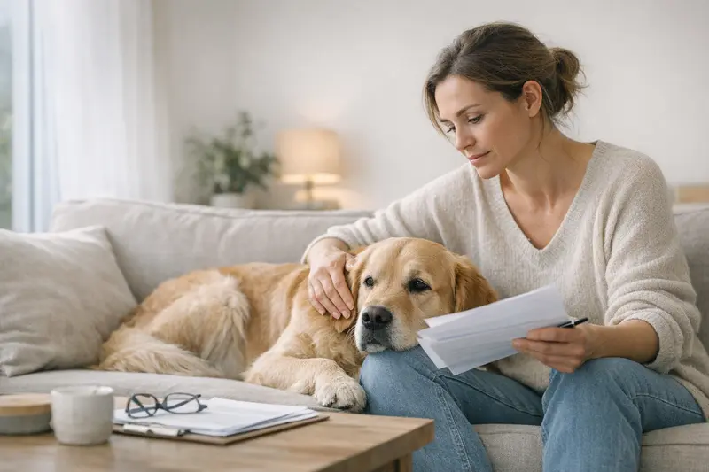 Entscheidungshilfe Wartezeiten und Vorerkrankungen Hund beim Tierarzt, umgeben von Pflegemitarbeitern, der über Wartezeiten und Vorerkrankungen informiert wird