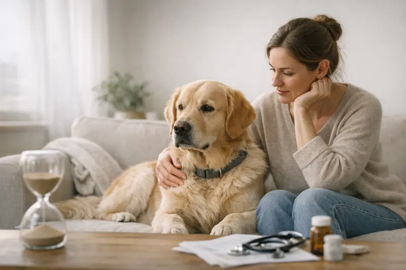 Ein Hundebesitzer informiert sich über Wartezeiten und Vorerkrankungen bei der Hundeversicherung.