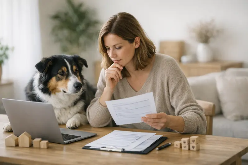 Hund bei Tierarzt - passende Versicherung wählen Ein Hund wird beim Tierarzt untersucht, während die Halterin verschiedene Versicherungsoptionen vergleicht.