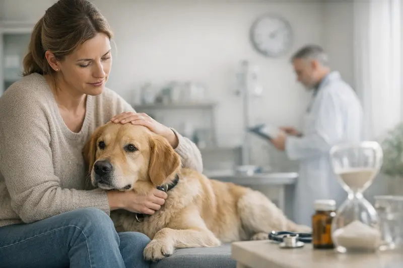 Tierarztuntersuchung Hund und Wartezeiten Ein Arzt untersucht einen Hund in einer Tierarztpraxis und klärt über Wartezeiten bei der Leistungsabrechnung auf.