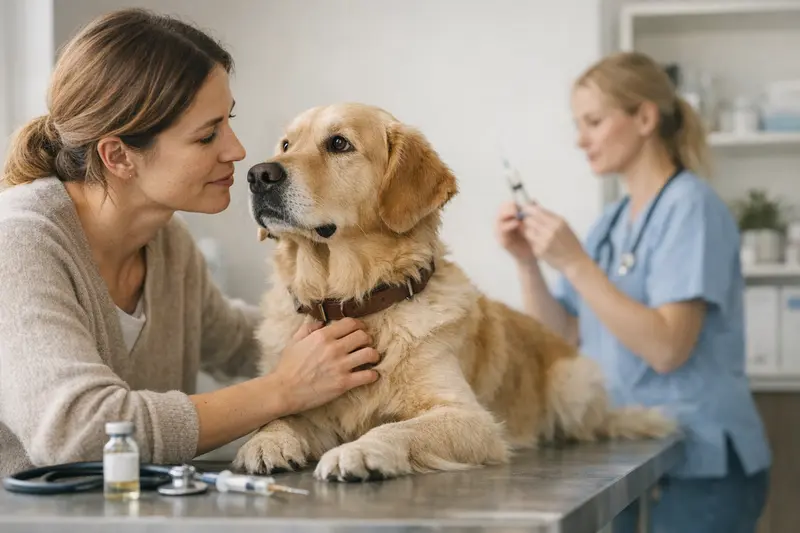 Hundekrankenversicherung und Vorsorgeleistungen Hundehalter bespricht mit Tierarzt Fragen zu Vorsorgeleistungen und Impfungen.