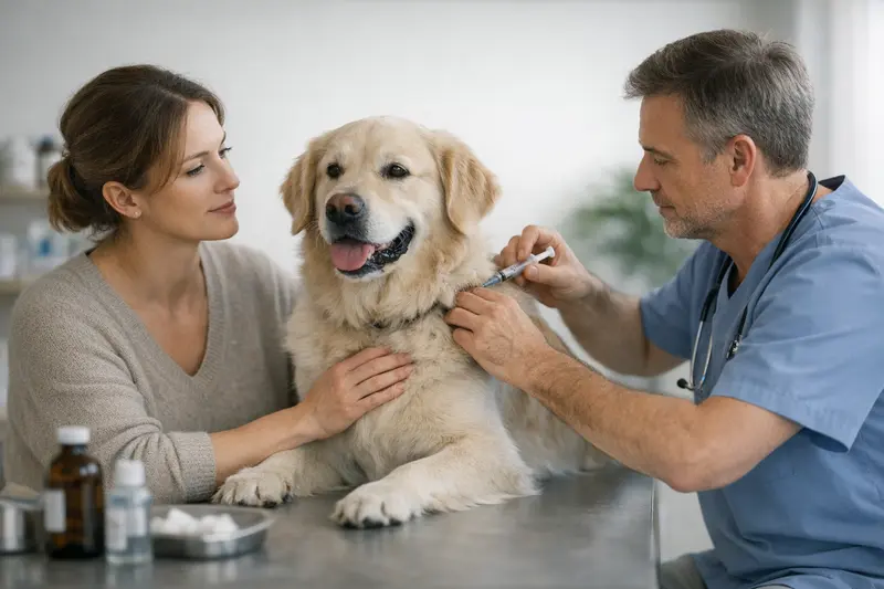 Gesundheit und Vorsorge für Hunde Hund beim Tierarzt zur Gesundheitsvorsorge, der sich einer Impfung unterzieht.