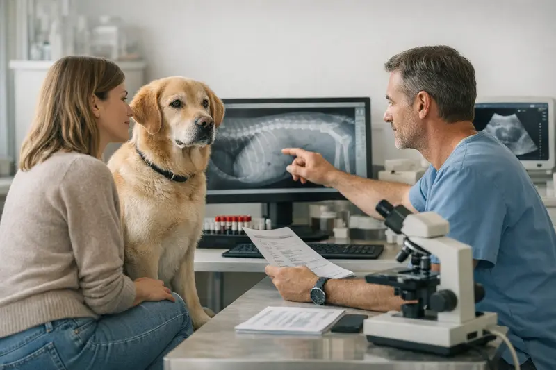 Tierarzt untersucht einen Hund und führt Laboruntersuchungen durch.