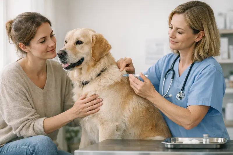 Hund bei der Impfung durch Tierarzt Tierarzt bei der Impfung eines Hundes im Rahmen der Hundekrankenversicherung.
