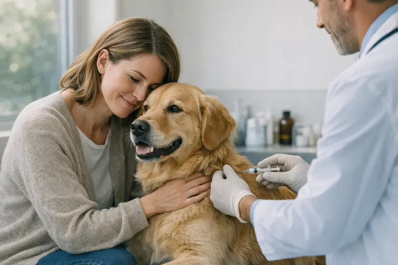 Hund beim Tierarzt für Vorsorgeuntersuchung Hund beim Tierarzt mit Tierhalter, die über Impfungen und Vorsorge sprechen.