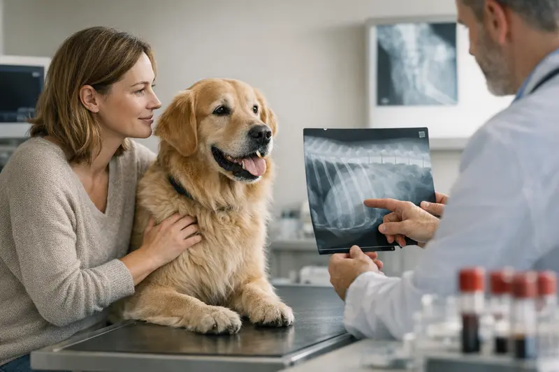 Tierarztuntersuchung Hund Blutbild Ein Tierarzt untersucht einen Hund und führt ein Blutbild durch.