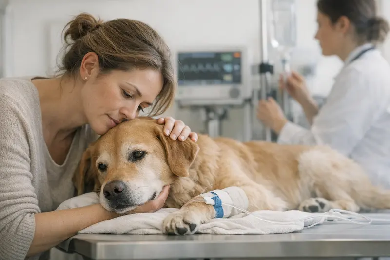 Arzt untersucht Hund in Notfallsituation Ein Arzt untersucht einen Hund in einer Tierklinik während eines Notfalls.