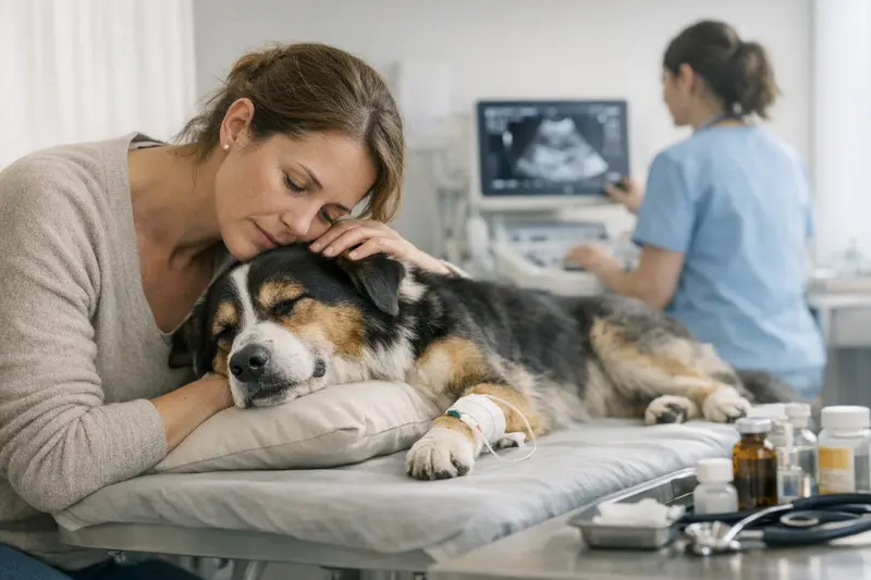 Tierarztbesuch bei akutem Notfall Ein Hund im Wartezimmer einer Tierarztpraxis, während sein Halter besorgt auf die Behandlung wartet.