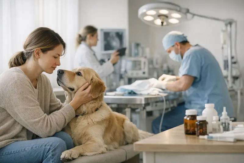 Eine glückliche Hundebesitzerin mit ihrem Hund beim Tierarzt zeigt den Unterschied zwischen Hundekrankenversicherung und OP-Versicherung.