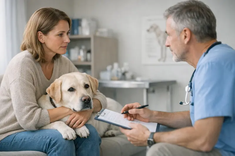Vorerkrankungen und Hundekrankenversicherung Hund mit Tierarzt, der über Vorerkrankungen und Versicherungsschutz informiert.