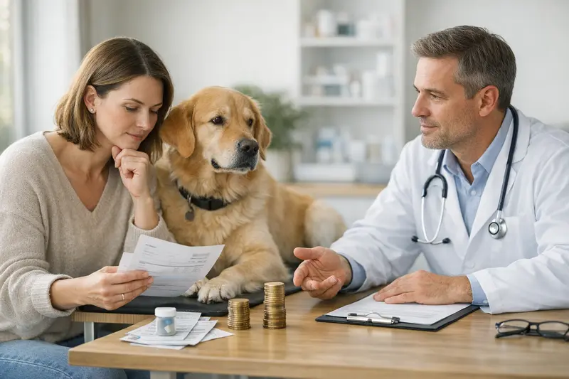 Visualisierung der Auswirkungen einer Selbstbeteiligung auf die Hundekrankenversicherung, die Beiträge und Erstattung beeinflusst.