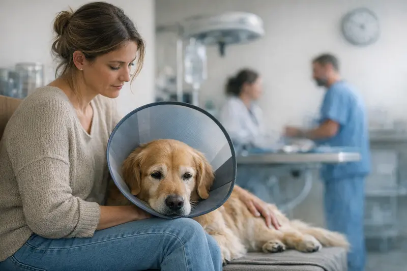 Wartezeiten der Hundekrankenversicherung erklären Ein Tierarzt erklärt einem Hundebesitzer die Wartezeiten der Hundekrankenversicherung