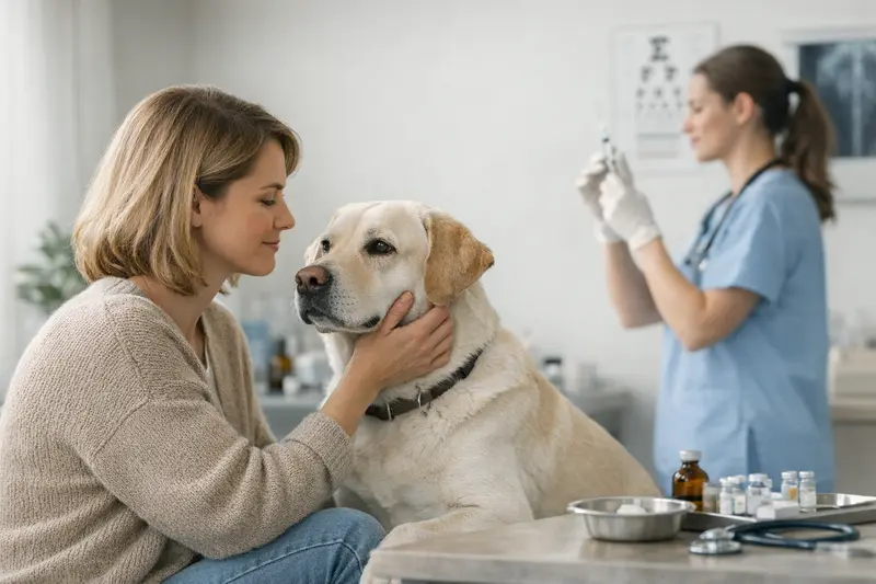 Fröhlicher Hund beim Tierarzt, der auf Vorsorgeleistungen wie Impfungen und Check-ups untersucht wird.