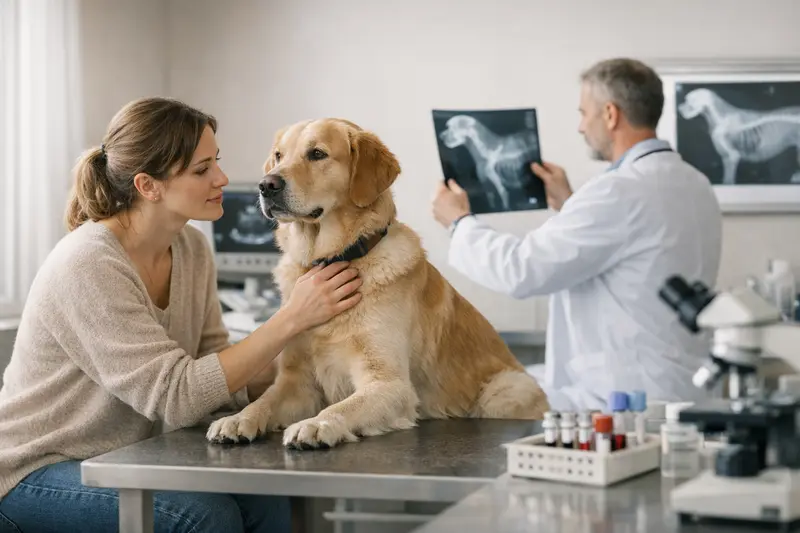 Hund beim Tierarzt für Diagnostik Hund beim Tierarzt, der eine Röntgenuntersuchung durchführt, um die Gesundheit zu überprüfen.