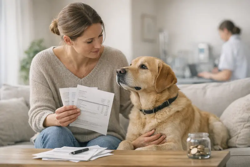Hund und Tierarzt – Selbstbeteiligung verstehen Ein Hund sitzt beim Tierarzt und wartet auf eine Beratung zur Selbstbeteiligung in der Hundekrankenversicherung.