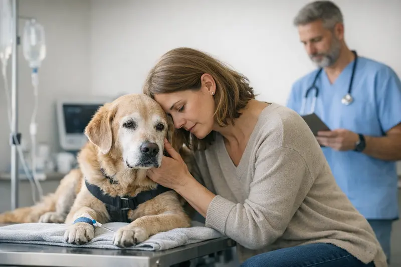 Tierarztberatung zu Vorerkrankungen bei Hunden Ein Hundebesitzer bespricht mit einem Tierarzt mögliche Vorerkrankungen seines Hundes.