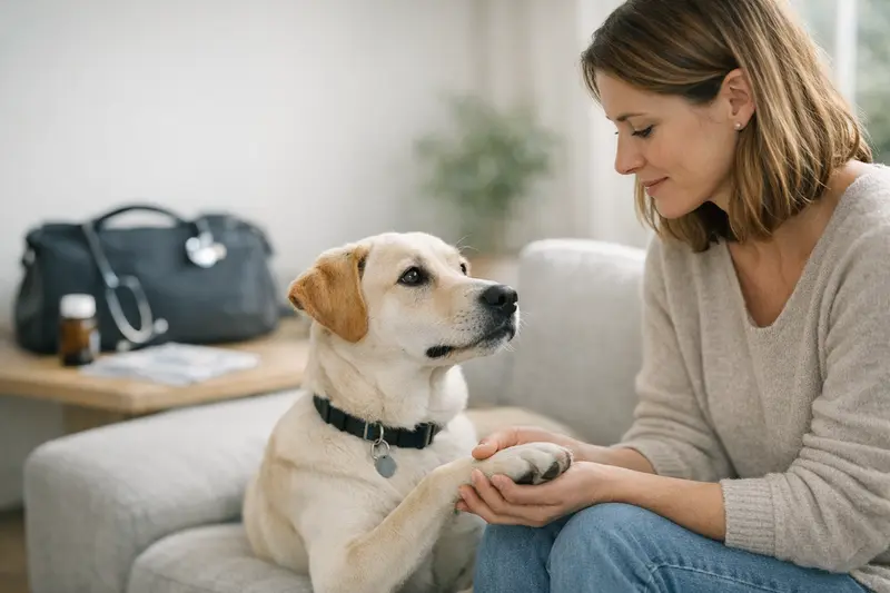 Ein glücklicher Hund sitzt bei einem Tierarztbesuch, symbolisiert die Wichtigkeit der Hundeversicherung für unerwartete Tierarztkosten.