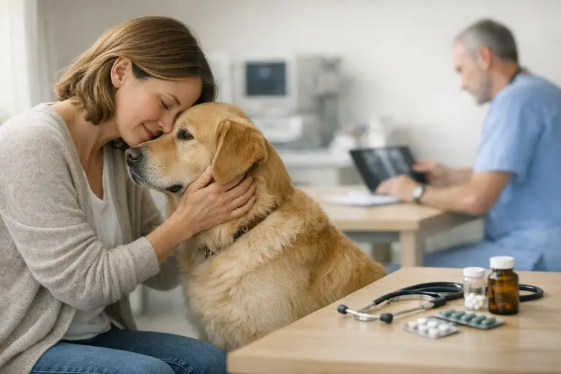 Tierarztbesuch und Hundekrankenversicherung Ein glücklicher Hund mit einem Tierarzt, der eine Untersuchung durchführt, symbolisiert die Bedeutung einer Hundekrankenversicherung.