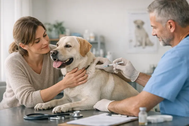 Tierarzt bei der Durchführung einer Vorsorgeuntersuchung für einen Hund, der von seinem Besitzer begleitet wird.
