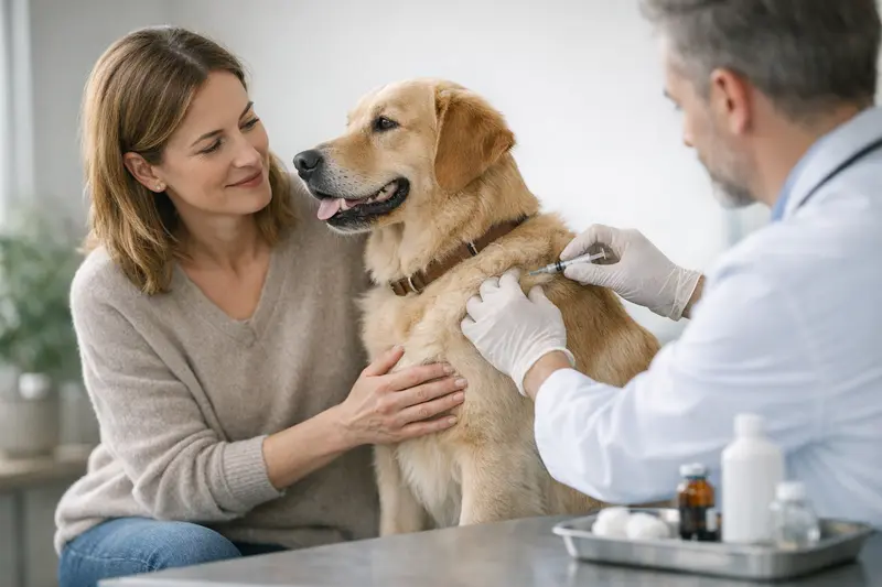 Hundeversicherung Vorsorge Impfungen Ein Hund beim Tierarzt zur Vorsorgeuntersuchung, symbolisiert die Frage zur Übernahme von Impfkosten durch die Hundeversicherung.