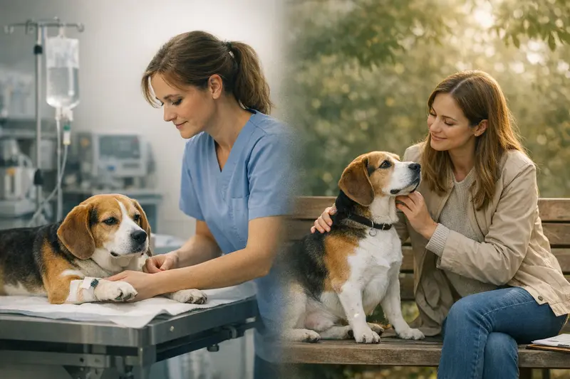 Illustration von Hund mit Tierarzt, die die Unterschiede zwischen OP-Schutz und umfassender Hundeversicherung erklärt.