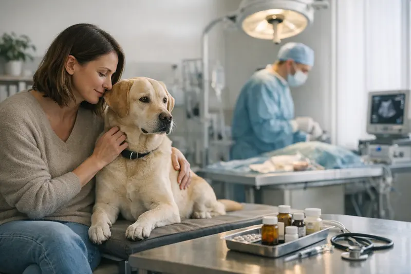 Eine glückliche Hundebesitzerin, die ihrem Hund beim Tierarzt hilft, verdeutlicht den Unterschied zwischen OP-Schutz und Vollschutz in der Hundekrankenversicherung.