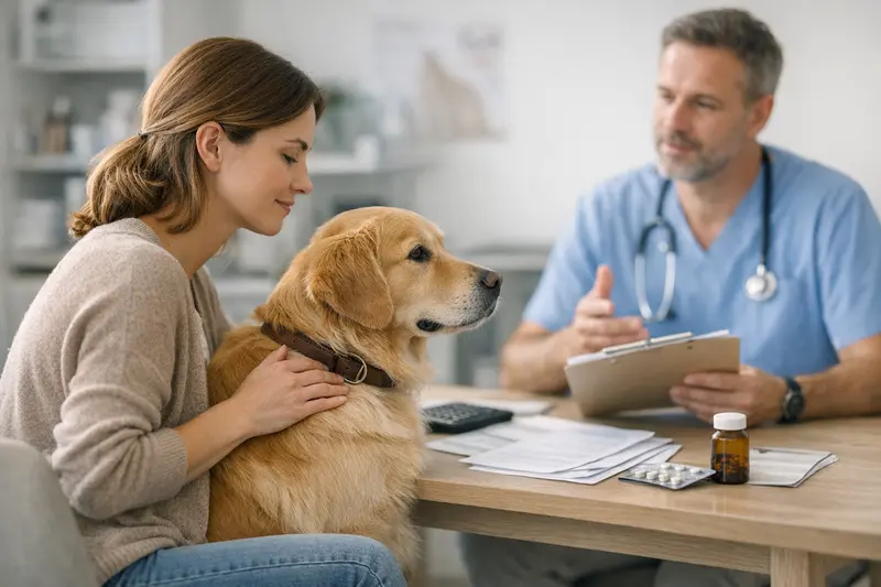 Hundeversicherungsvergleich Hundehalter vergleicht verschiedene Hundeversicherungen auf einem Tablet.