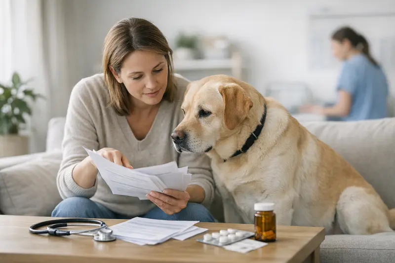 Tarifpunkte Hundekrankenversicherung prüfen Ein Hundebesitzer prüft die Tarifpunkte einer Hundekrankenversicherung.