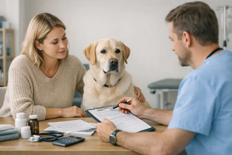 Hund beim Tierarzt - Tarifpunkte der Hundekrankenversicherung Ein Hund beim Tierarzt, während der Tierhalter über die Tarifpunkte der Hundekrankenversicherung nachdenkt.