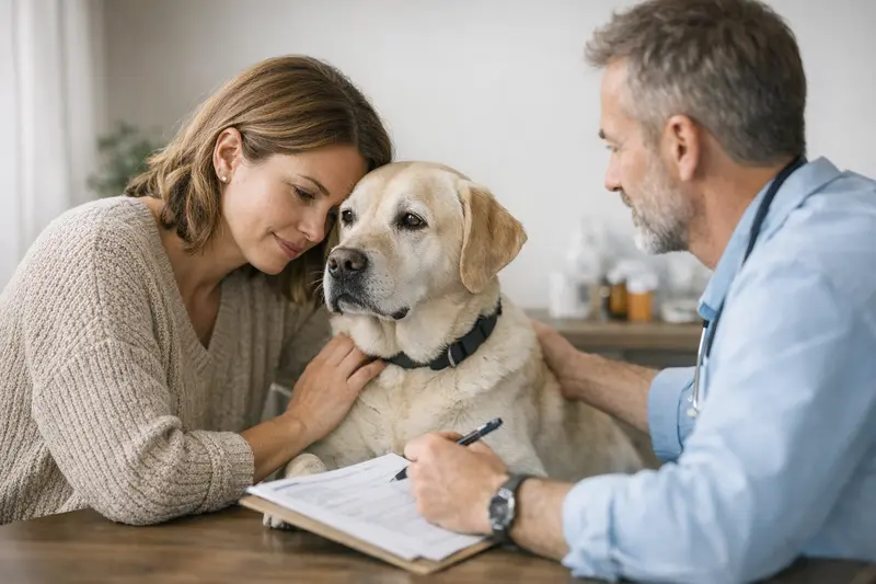 Beratung zu Vorerkrankungen bei Hundeversicherungen Eine verantwortungsvolle Hundebesitzerin bespricht Vorerkrankungen mit ihrem Tierarzt.