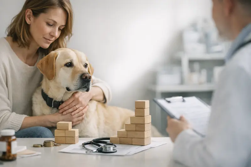 Hund beim Tierarzt und Kostenüberblick Ein Hund beim Tierarzt während einer Untersuchung, die Kosten für Tierarztleistungen besprechend.