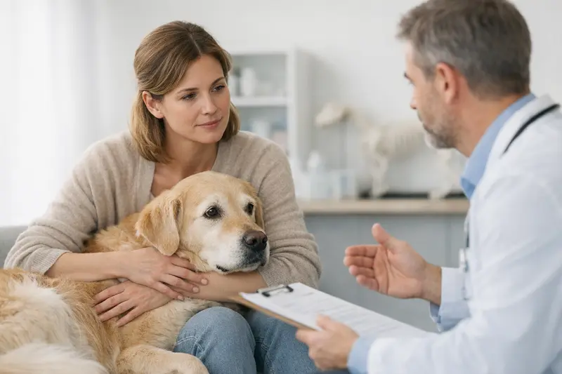 Hund beim Tierarzt mit Vorerkrankungen Ein Hund beim Tierarzt, der untersucht wird, während der Besitzer aufmerksam zuschaut.